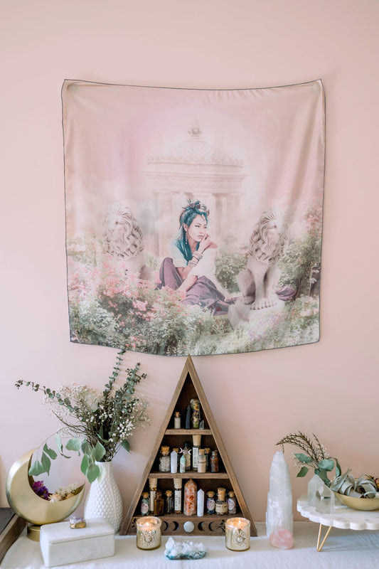 Divine Surrender  This sacred altar cloth carries soothing and tranquil energy that inspires surrender and ease. Use it to create a sacred space to clear the things that are blocking abundance from coming to you and open up to effortless prosperity.